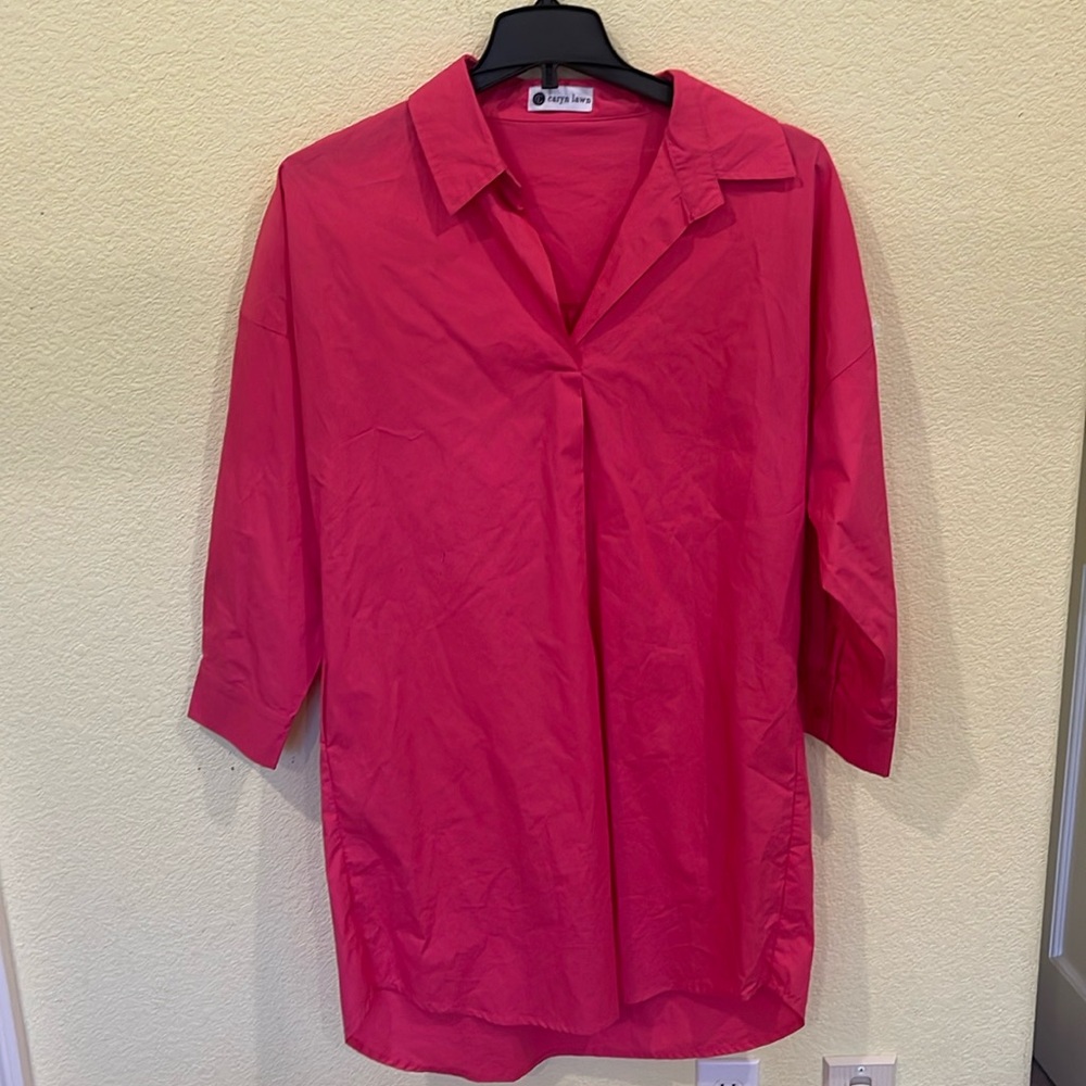 NWOT Caryn Lawn pink one size fits all oversized shirt w/ purple stars on elbow